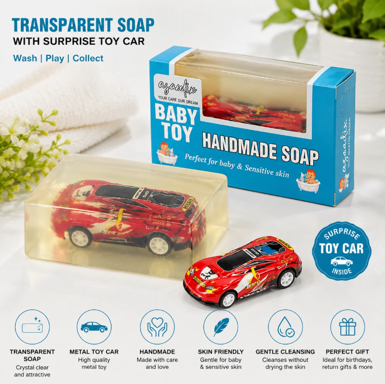 Transparent Toy Surprise Soap (Pack of 2) | Toy Car & Doll Inside Kids Soap